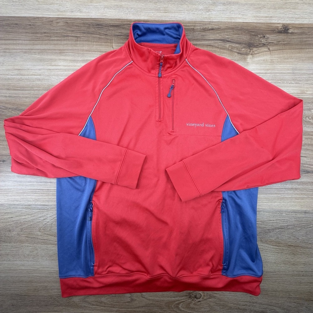 Vineyard Vines Men's Red Gray Saltwater 1/4 Zip Pullover Size L 100% Polyester